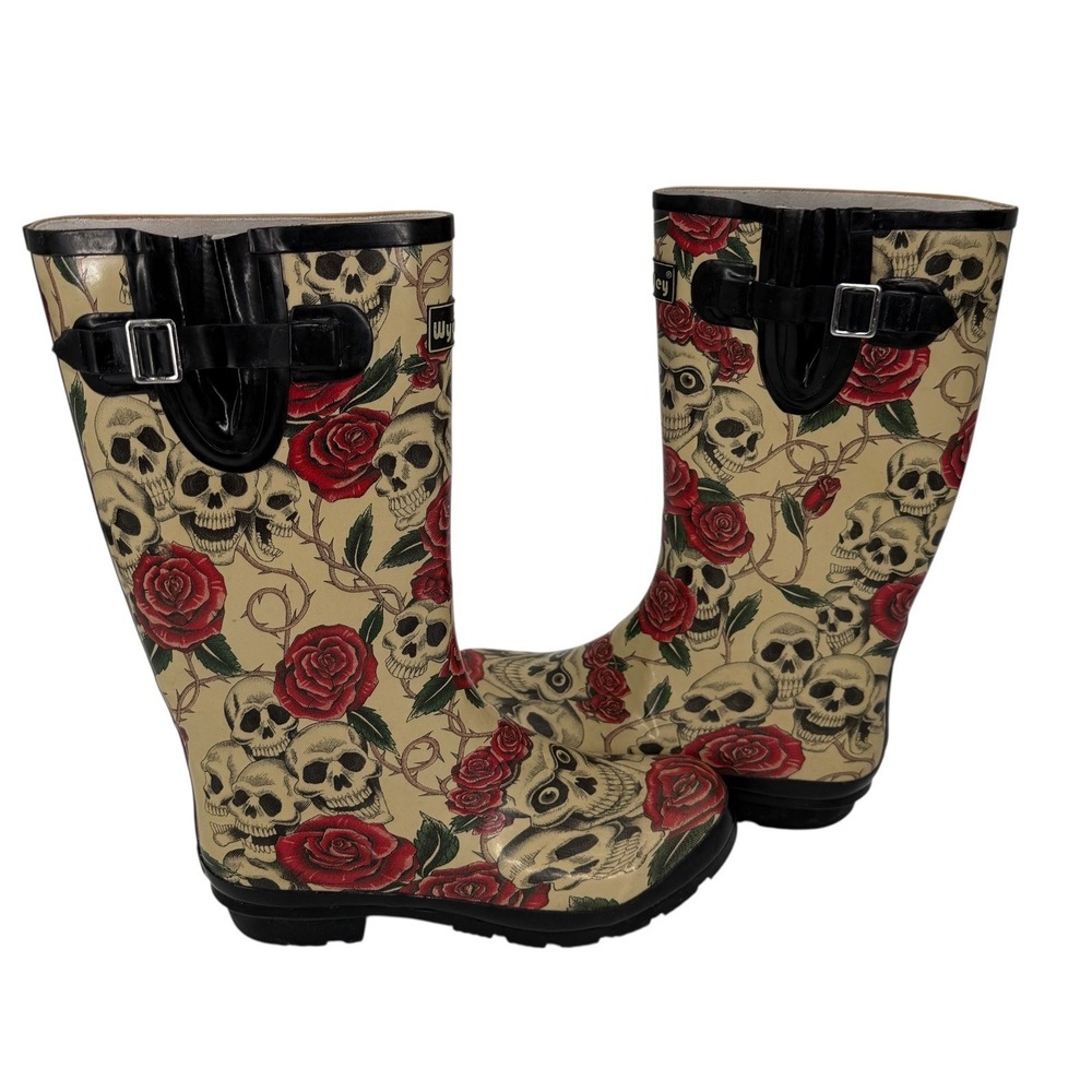 Wyre Valley Skull Rose Gothic Rain Boots Women's 8 Punk Alt Rubber - Picture 5 of 16